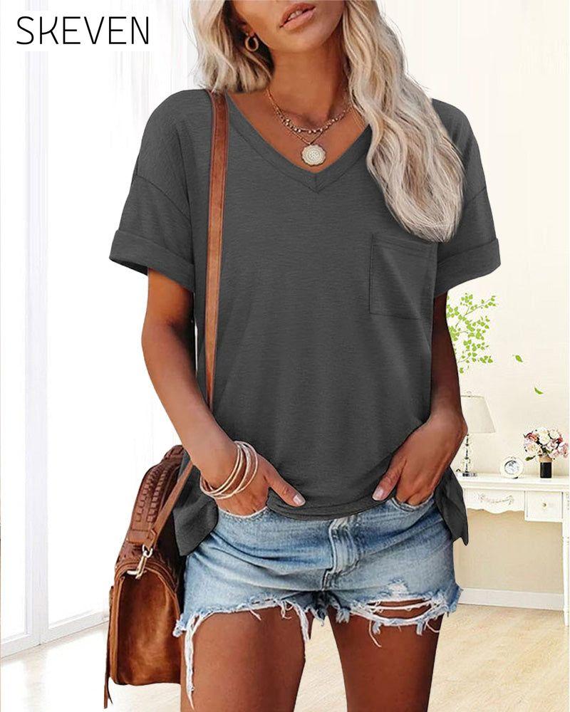 Kurzarm-T-Shirt mit V-Ausschnitt und Tasche in Unifarbe