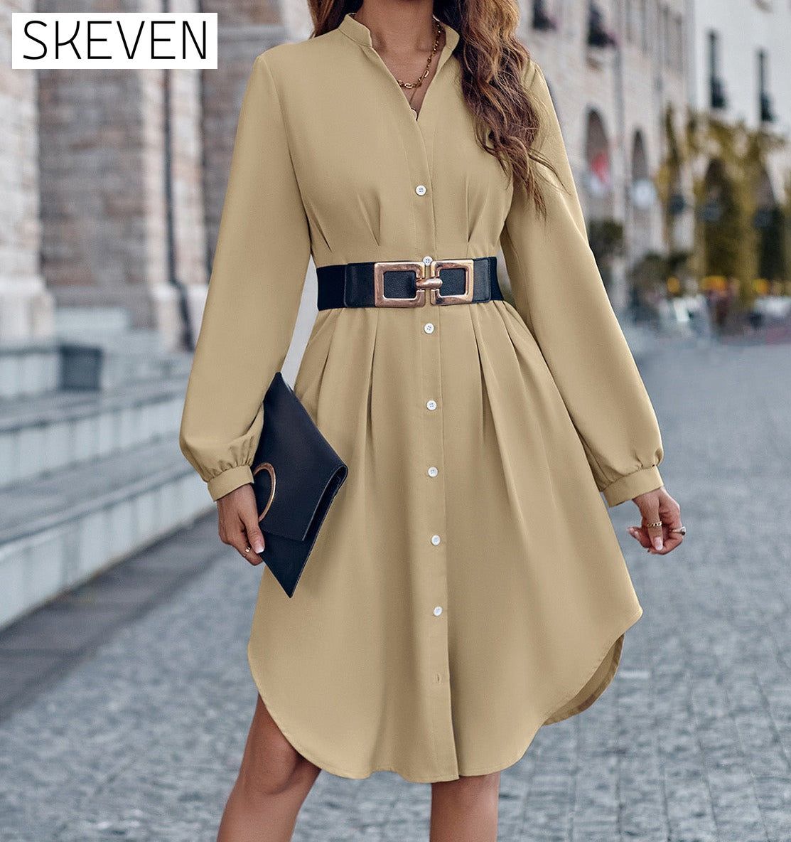Notched Neck Long Sleeve Dress Khaki casual dresses clothes dress dresses long sleeve dress long sleeve dresses S.N Ship From Overseas short dresses trend