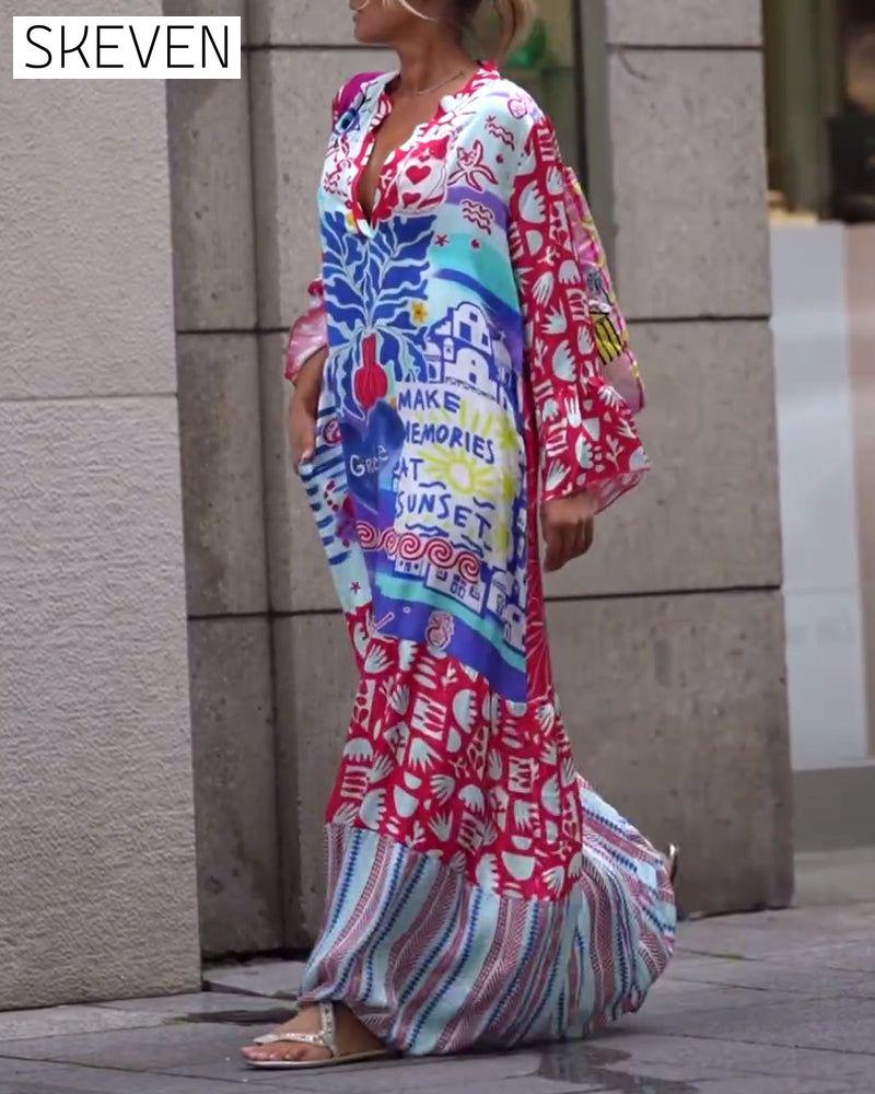 Spliced printed deep v pocket casual long dress 202466 casual dresses spring summer