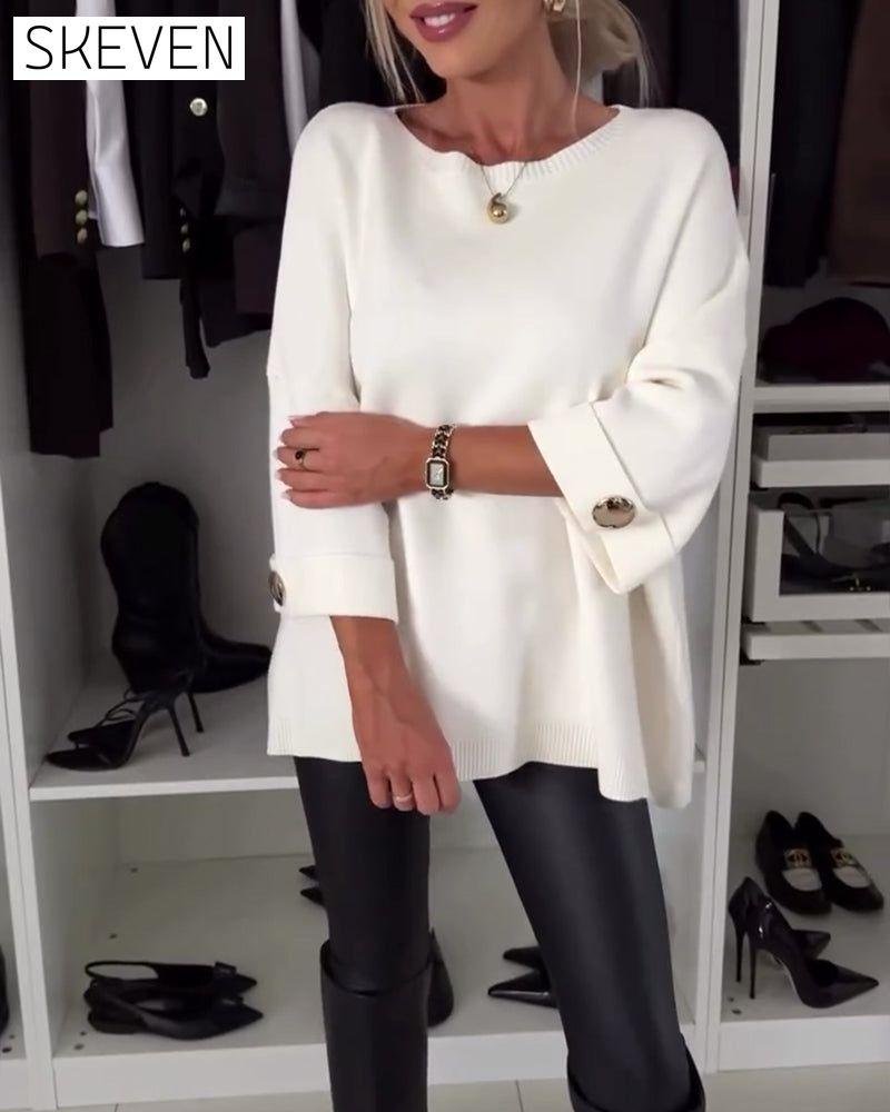 Fashion solid color round neck button pullover