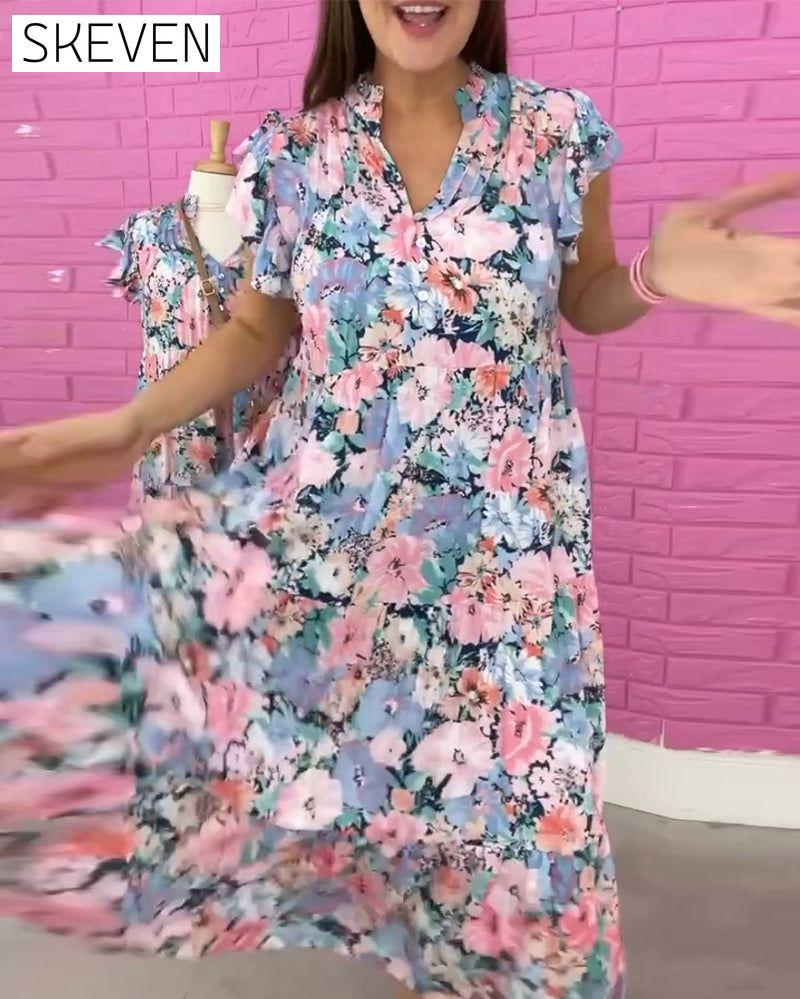 Lässiges Kurzarmkleid mit Blumenmuster und V-Ausschnitt