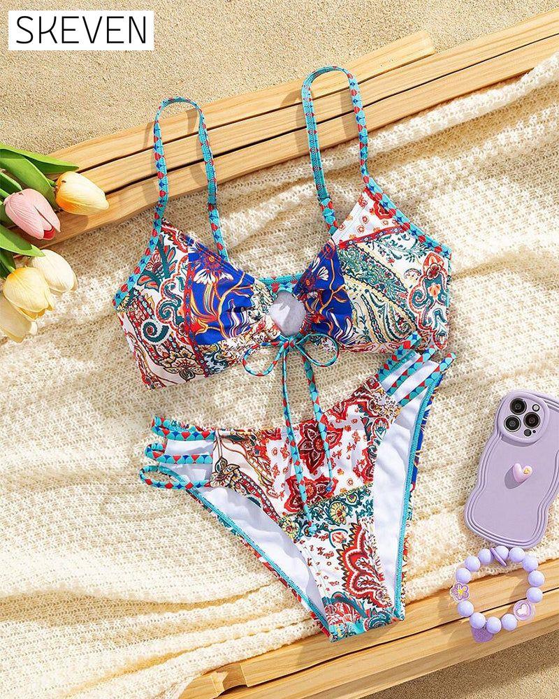Bedruckter, sexy Triangel-Bikini mit Schnürung