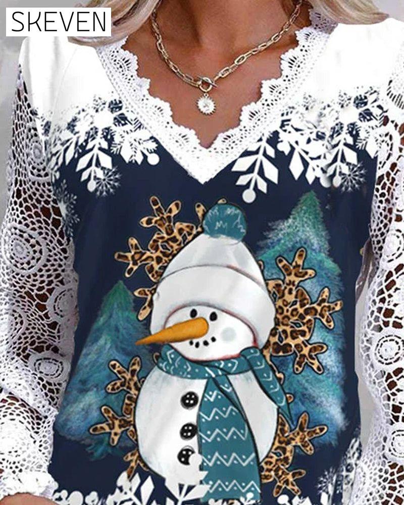 Langarmbluse mit Schneemannmotiv aus Spitze