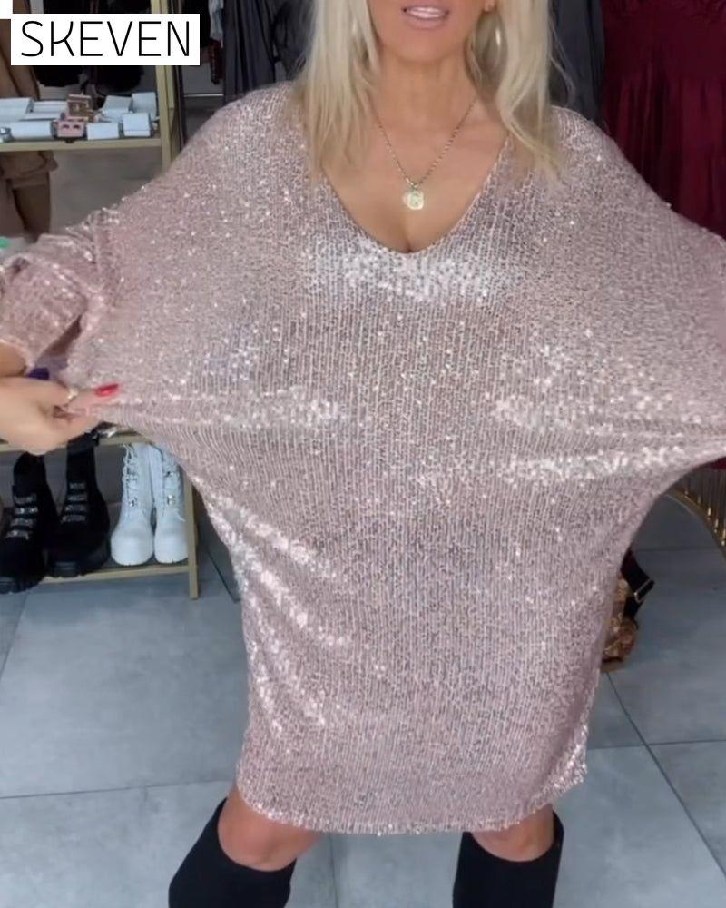 Batwing Sleeve Deep V Sequin Dress