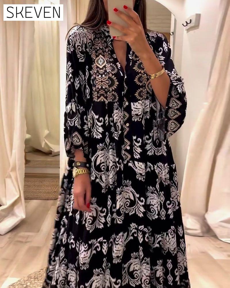 Vintage bedrucktes, plissiertes, locker sitzendes Kleid