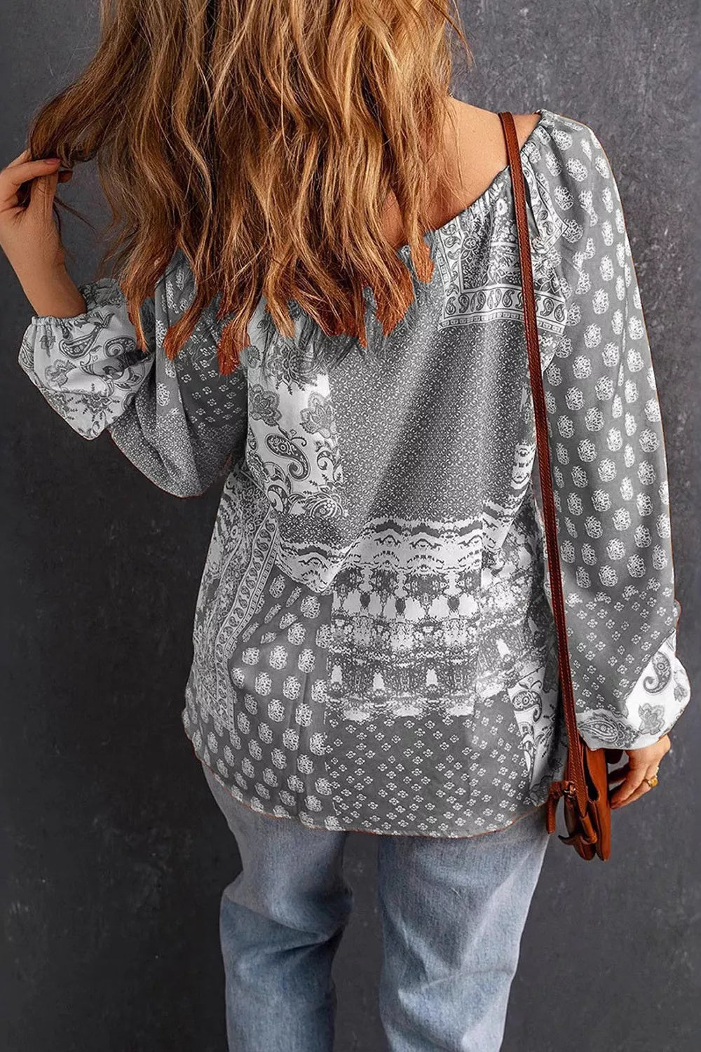 Full Size Paisley Print Tie-Neck Long Sleeve Blouse Plus Size