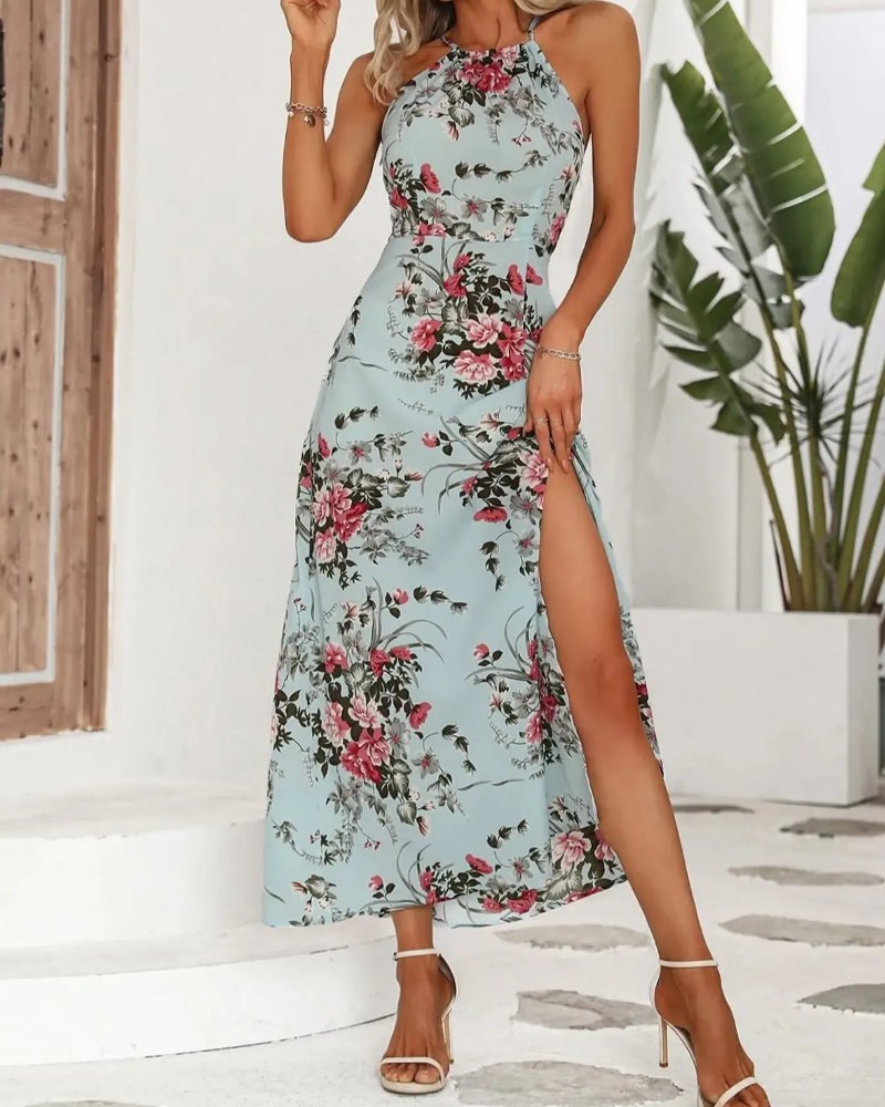 Halterneck Slit Waisted Floral Dress