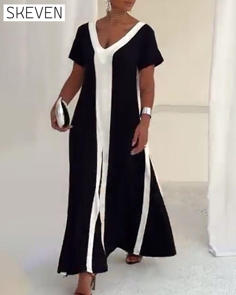 Temperament V-Neck Contrast Color Dress