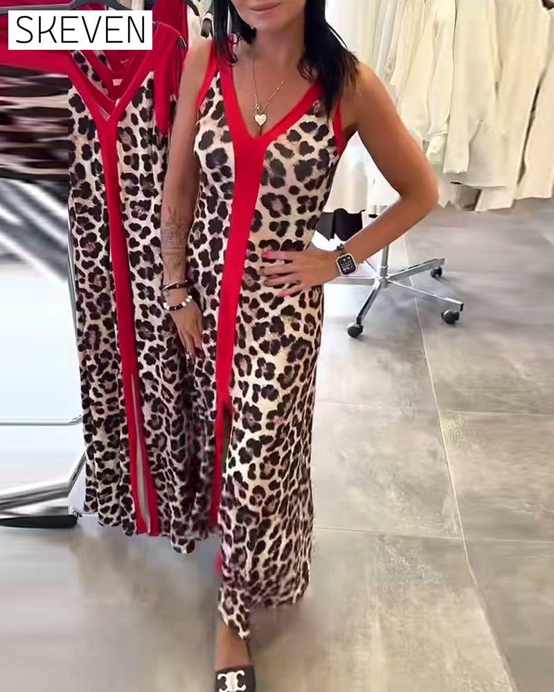 Sleeveless Elegant Leopard Print Contrast Dress