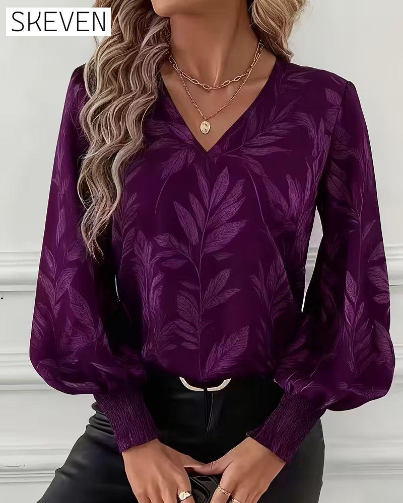 Bluse mit Blattmuster, V-Ausschnitt und langen Ärmeln