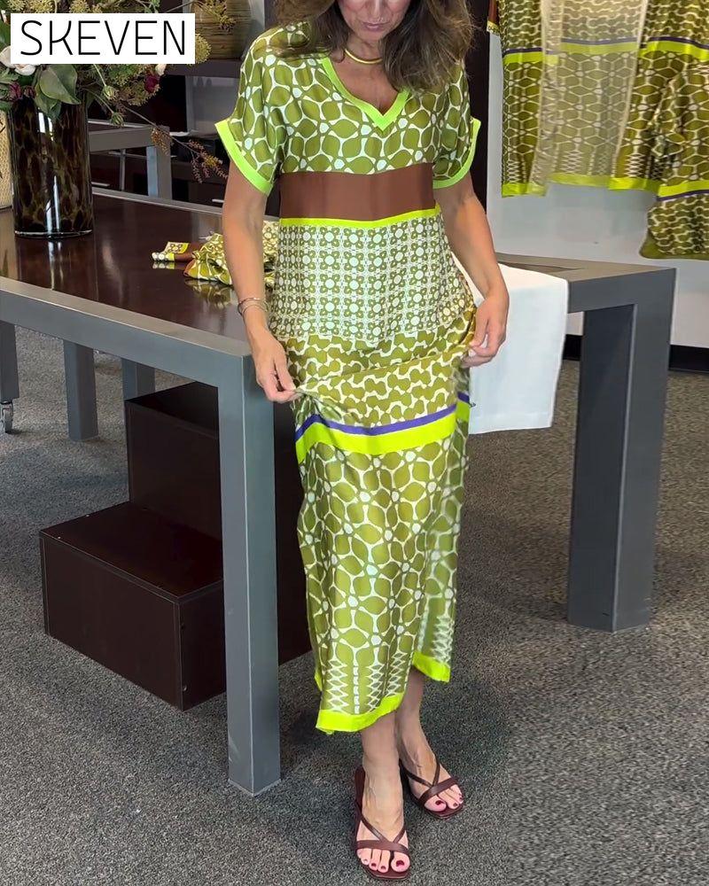 Short-sleeve V-neck contrast printed long dress casual dresses spring summer
