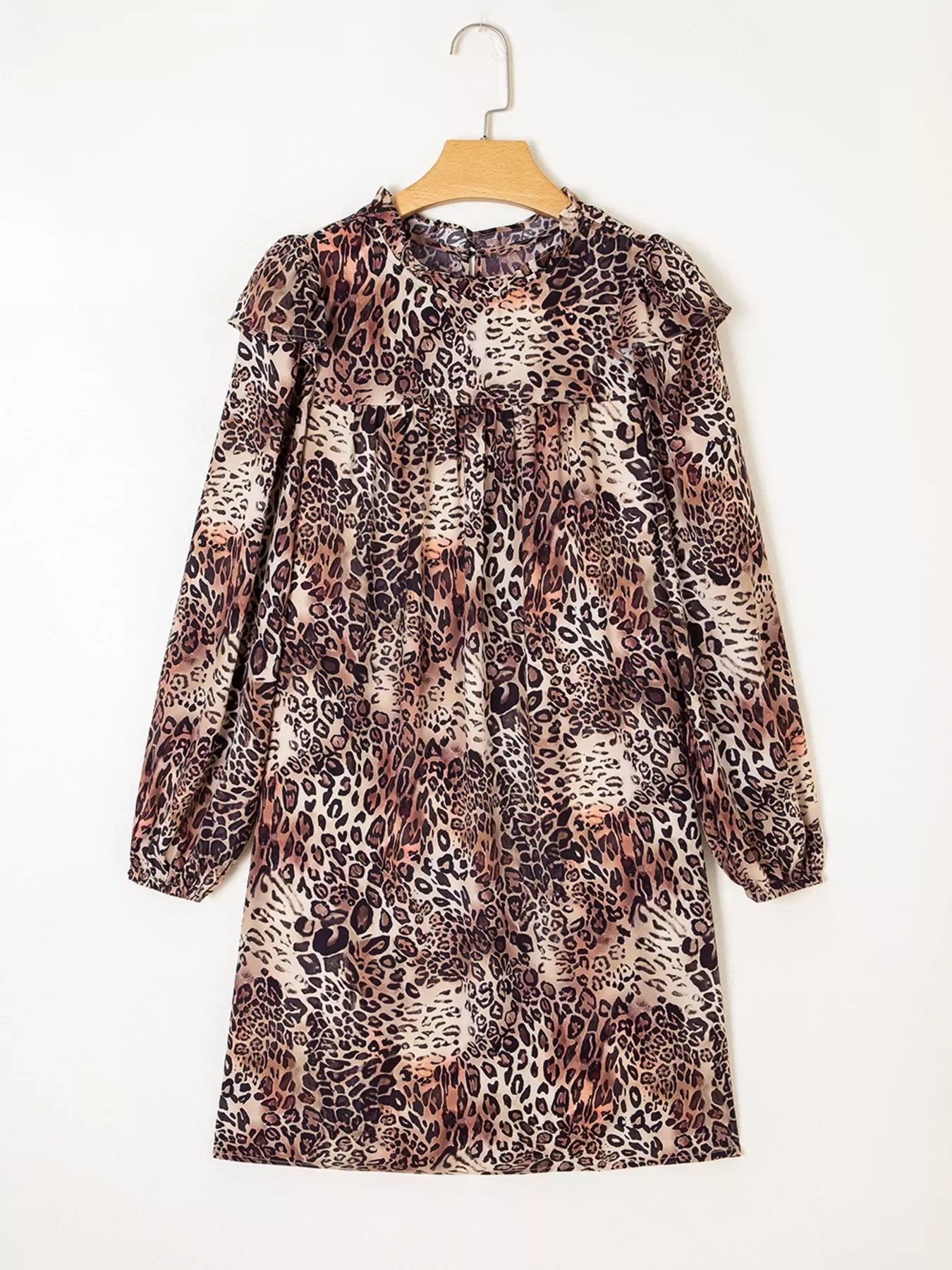 Leopardenmuster, Rüschendetails, lange Ärmel, lockeres Minikleid