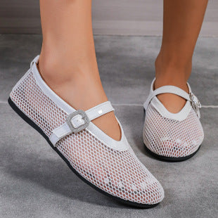 Round Head Rhinestone Buckle Mesh Hollow Out Mary Jane Women's Shoes