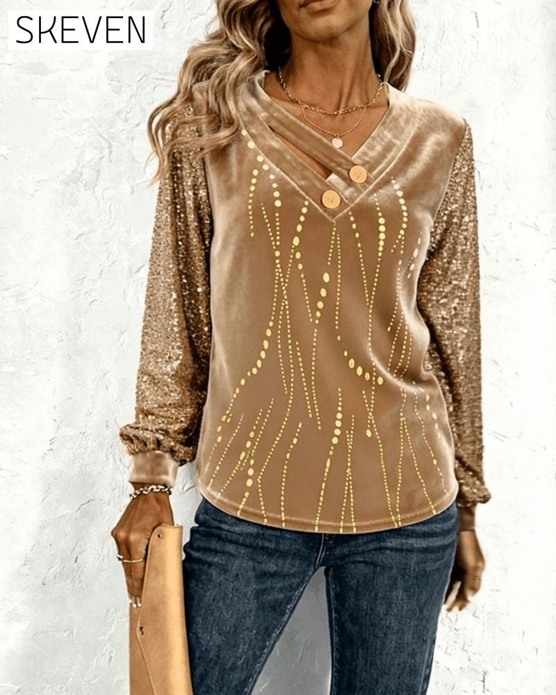 V-Neck Sequined Velvet Patchwork Top