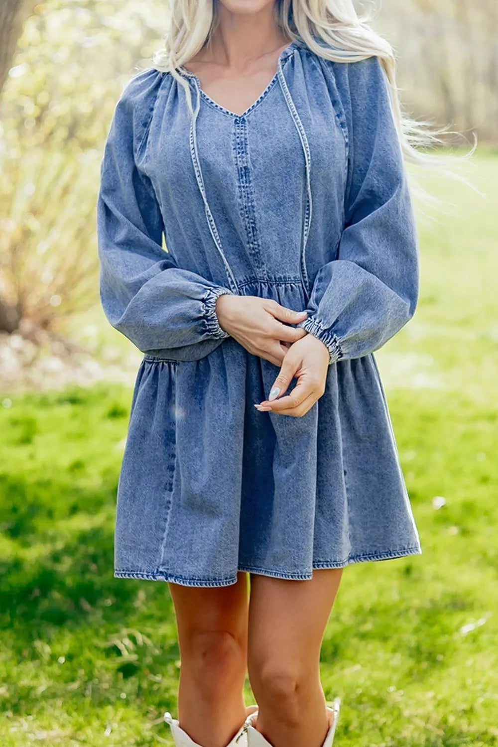 Puff Sleeve V Neck Ruffled Loose Denim Mini Dress