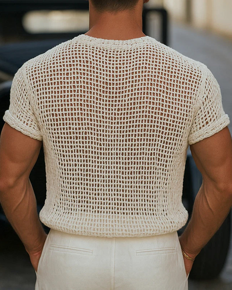 Men's Button Small V-Neck Short Sleeve T-Shirt