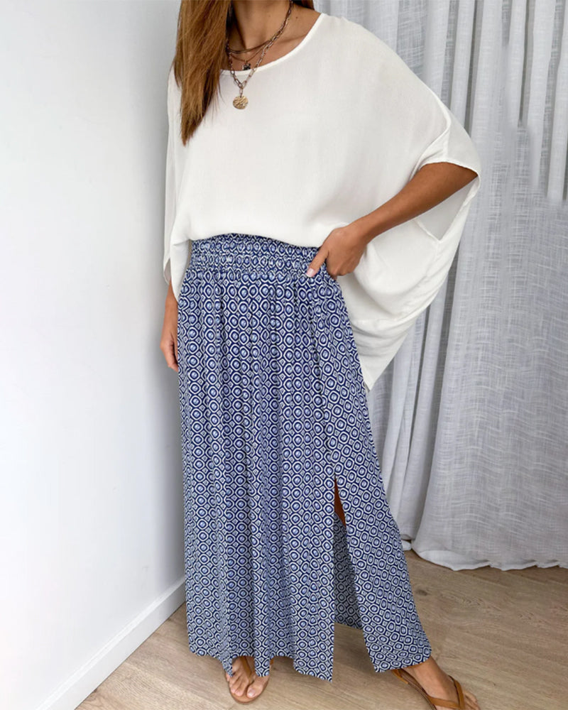 Casual High-Waisted Slit Printed Skirt