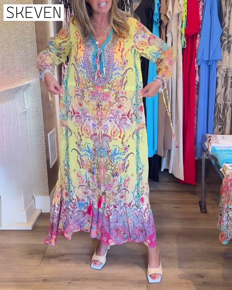 Long sleeve printed resort dress