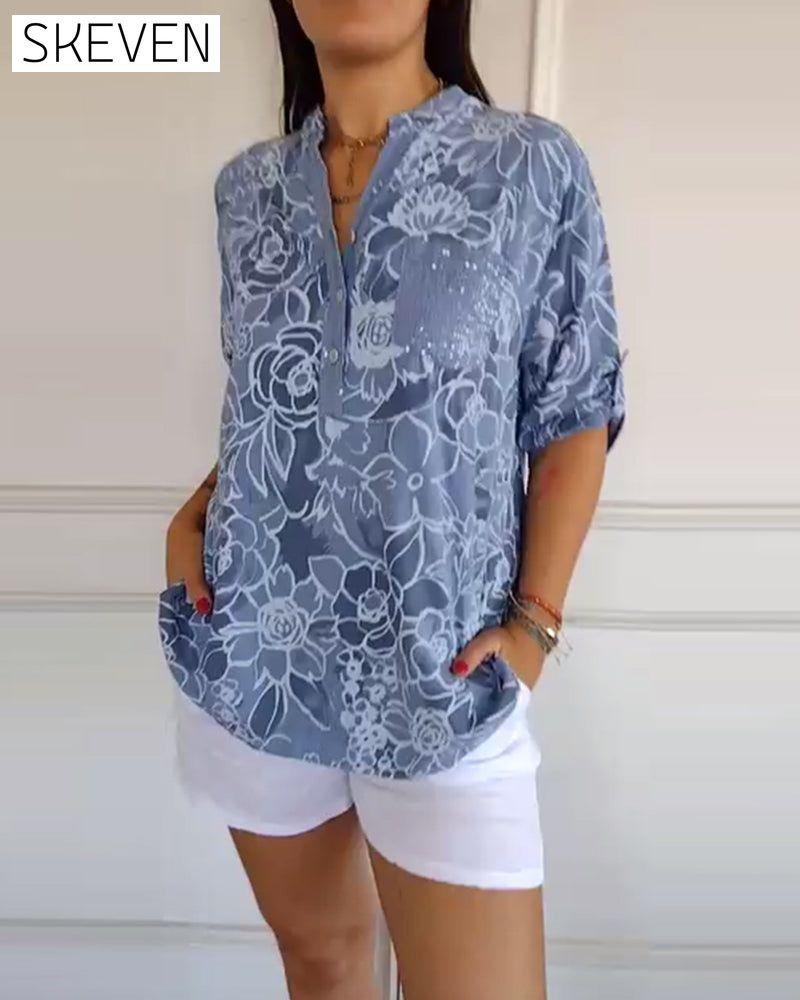 Bedruckte Bluse mit V-Ausschnitt und Knopfleiste