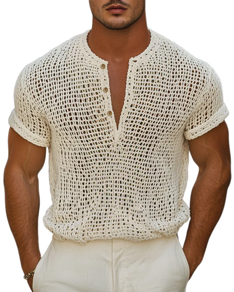 Men's Button Small V-Neck Short Sleeve T-Shirt