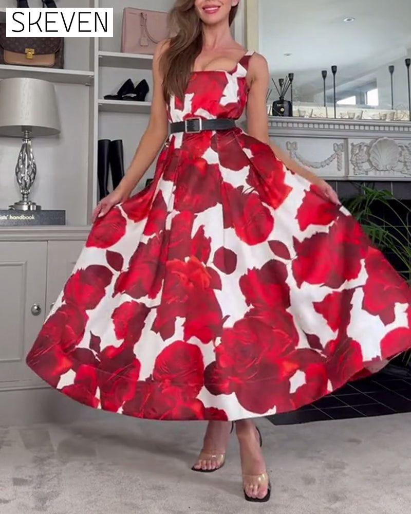Elegant rose print pleated cami dress 202466 casual dresses summer