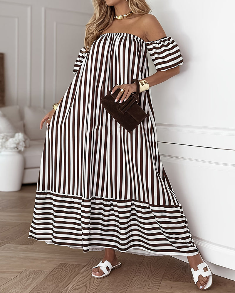 Striped Off-Shoulder Flared Long Dress