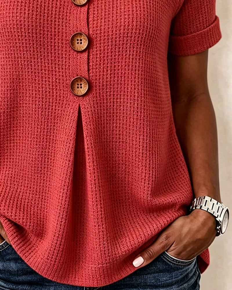 Small V-Neck Waffle Solid T-Shirt