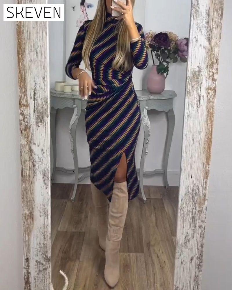 Sexy Dress with Striped and High Neck