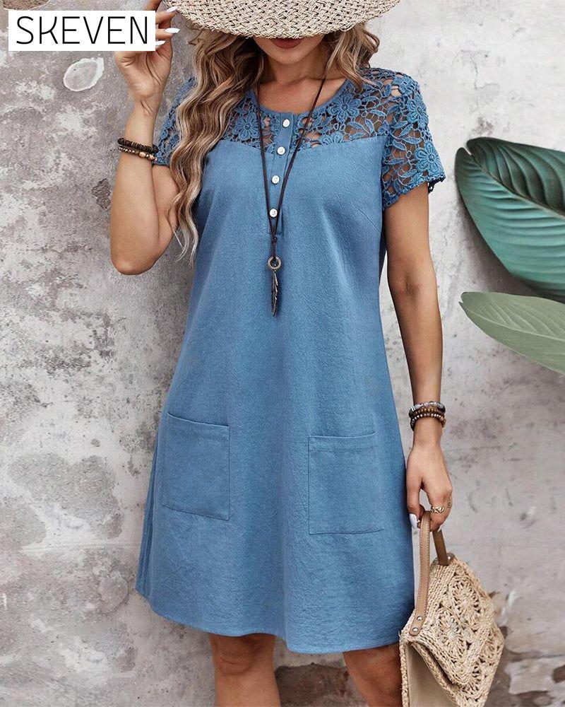 Solid color hollow lace short sleeve pocket dress