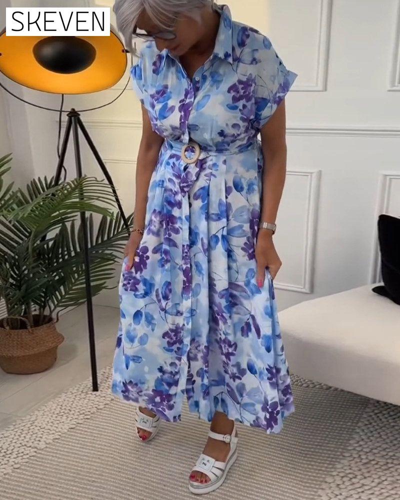 Elegant floral print lapel waist pleated dress 202466 casual dresses summer