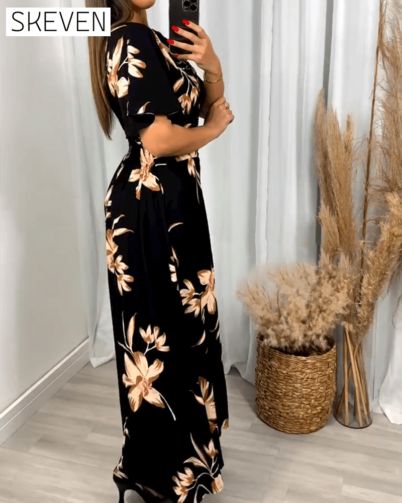Robe à col V et taille haute à imprimé floral