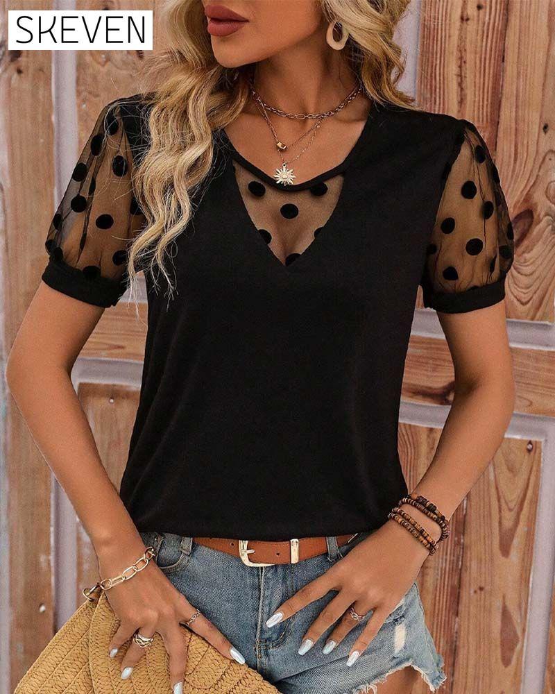 Polka Dot Mesh Contrast Short Puff Sleeve T-Shirt spring summer t-shirts