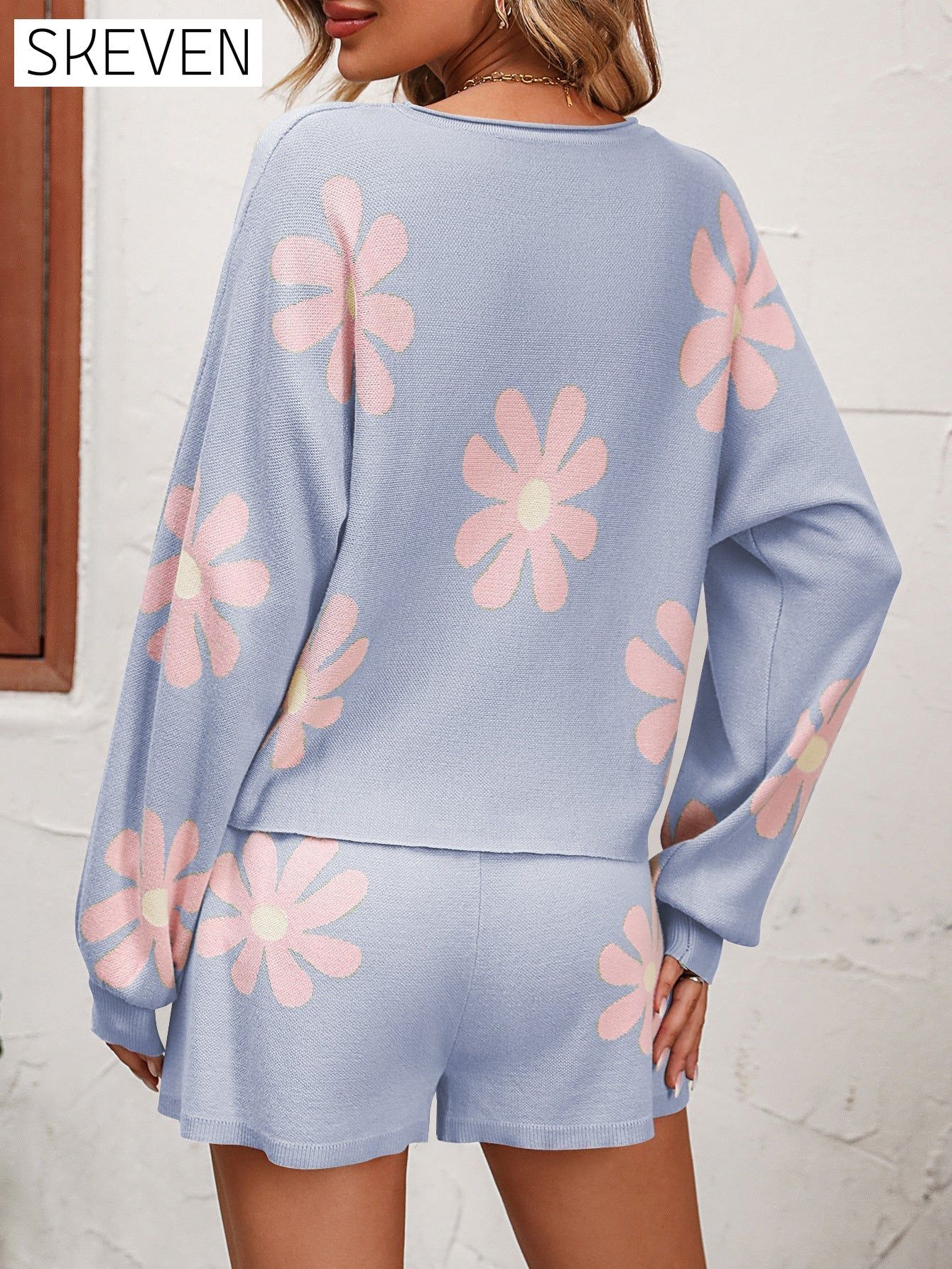 Floral Print Raglan Sleeve Knit Top and Tie Front Sweater Shorts Set clothes lounge lounge wear loungewear Mandy sets Ship From Overseas trend