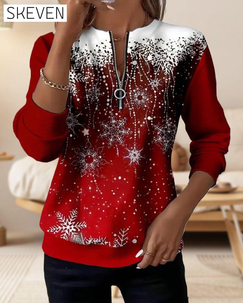 Half-Zip Snowflake Round Neck Sweatshirt