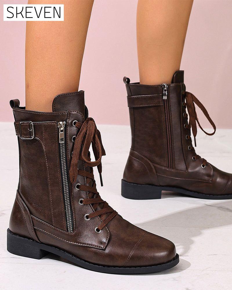 Women's Round Toe Side Zipper Leather Orthopedic Boots
