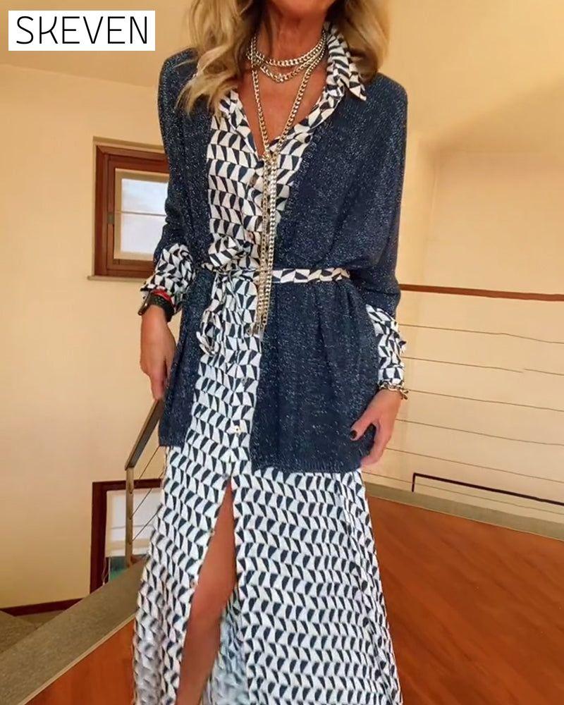 Geometric print lapel slit dress
