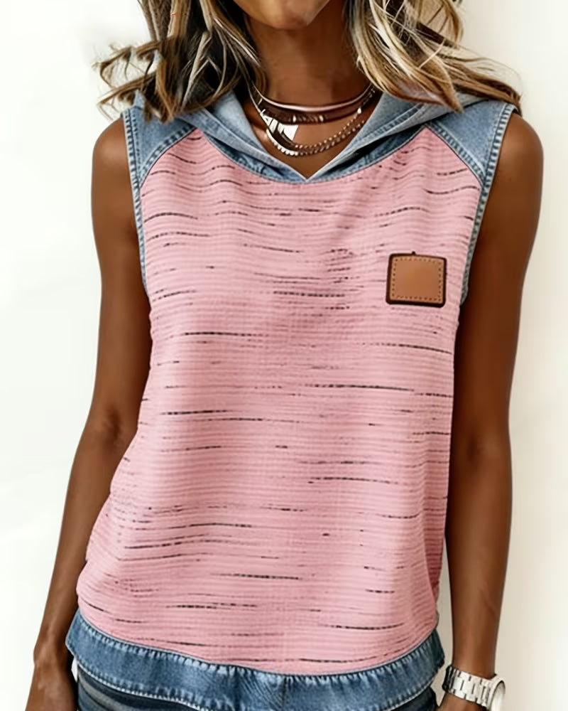 Denim Patchwork Sleeveless Hooded Top