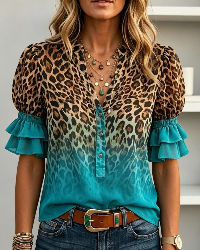 Leopard Print V-Neck Gradient Ruffle Blouse