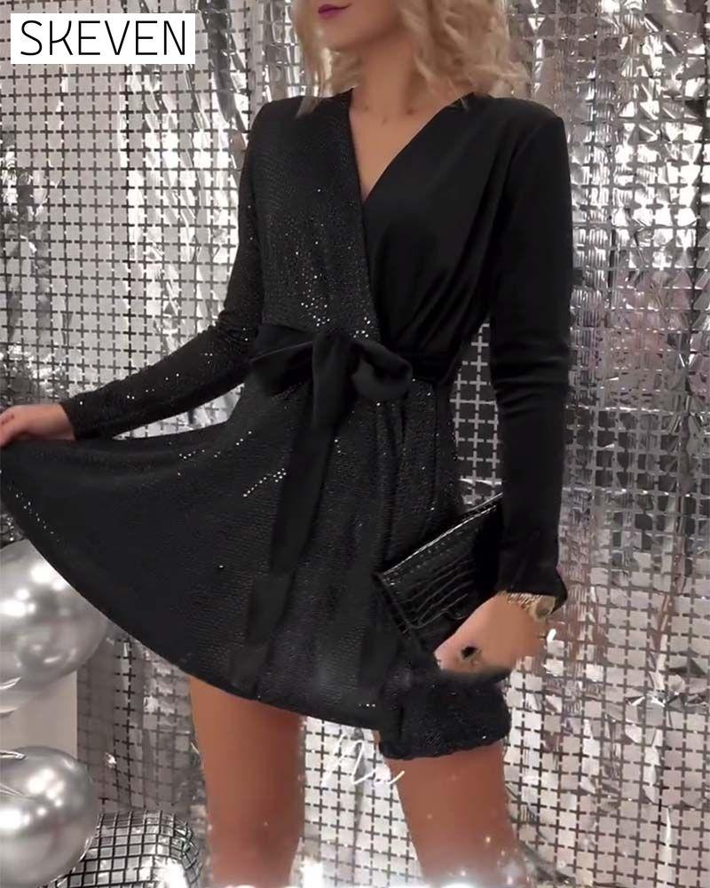 Sexy Wrap Chest Sequined Velvet Lace-Up Dress