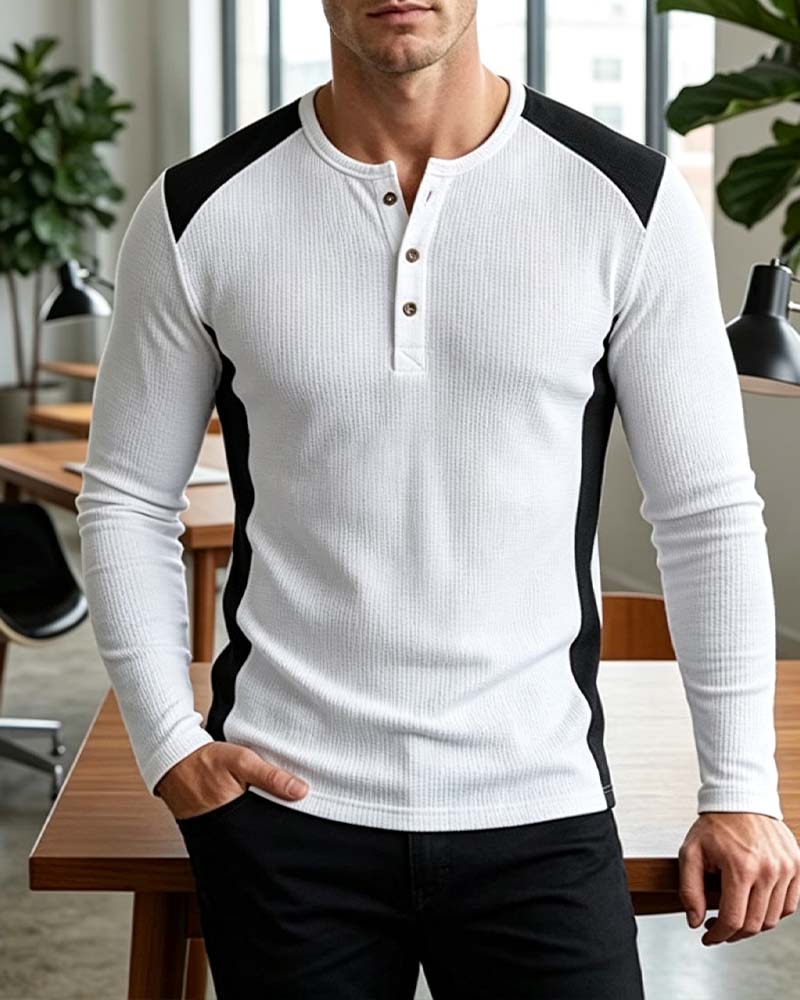 Two-Tone Crewneck Buttoned Top