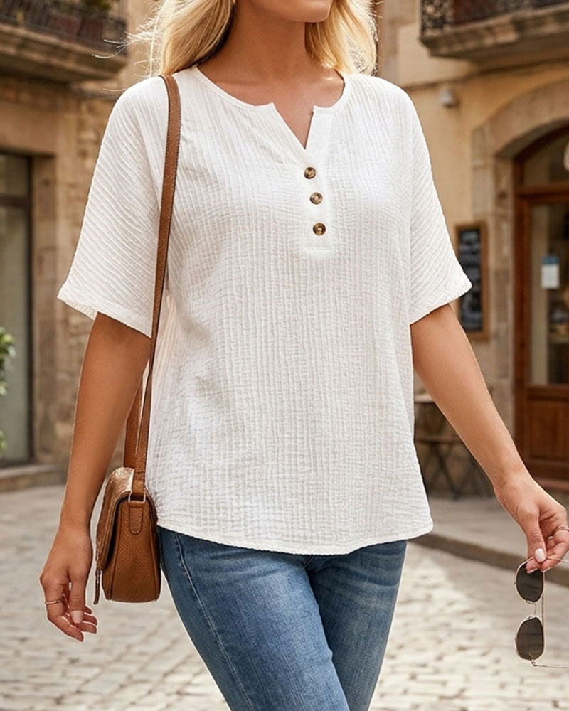 Textured Triple-Button Short Sleeve Blouse