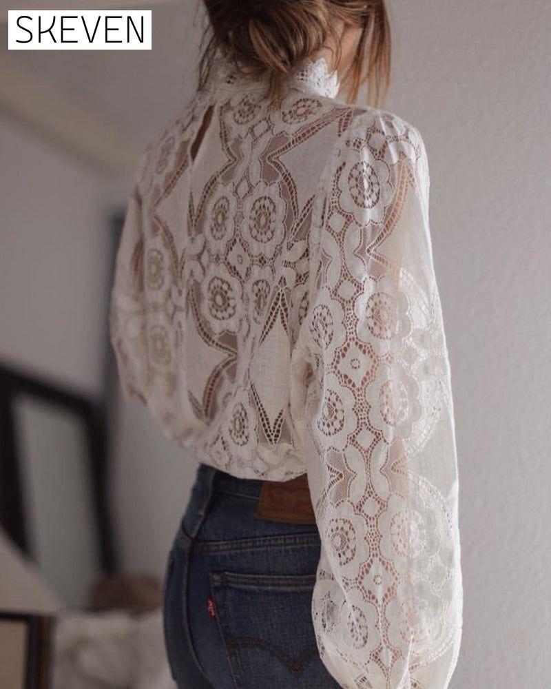 Sexy See-Through Long-Sleeved Stand-Collar Lace Blouse