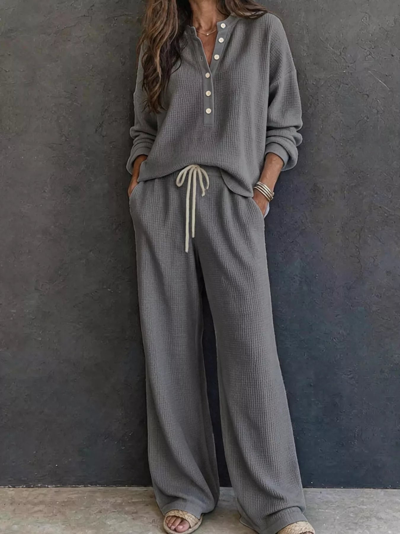 Waffle Knit Henley Top and Wide Leg Pants Set
