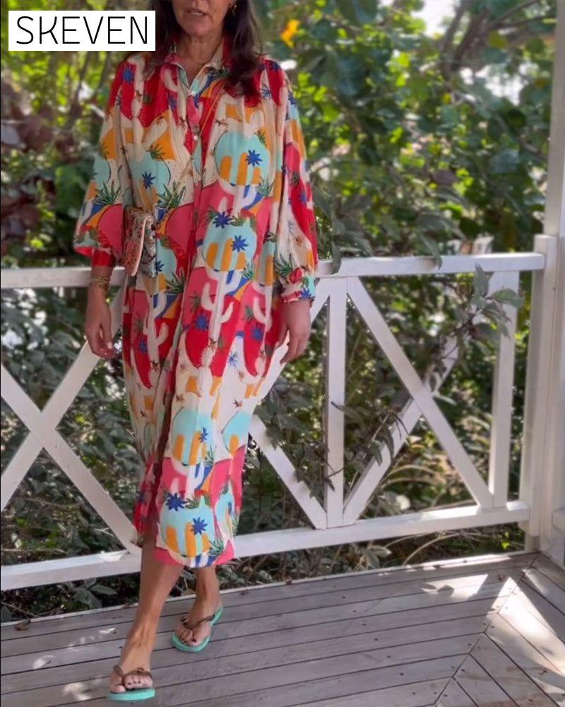 Printed lapel long sleeve dress