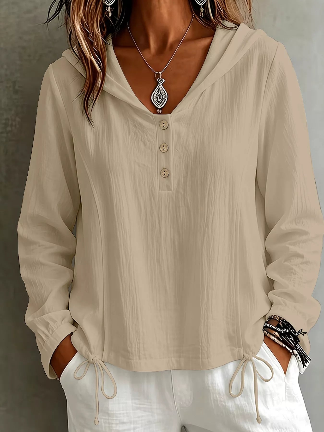 Button Detail Long Sleeve Hooded Blouse