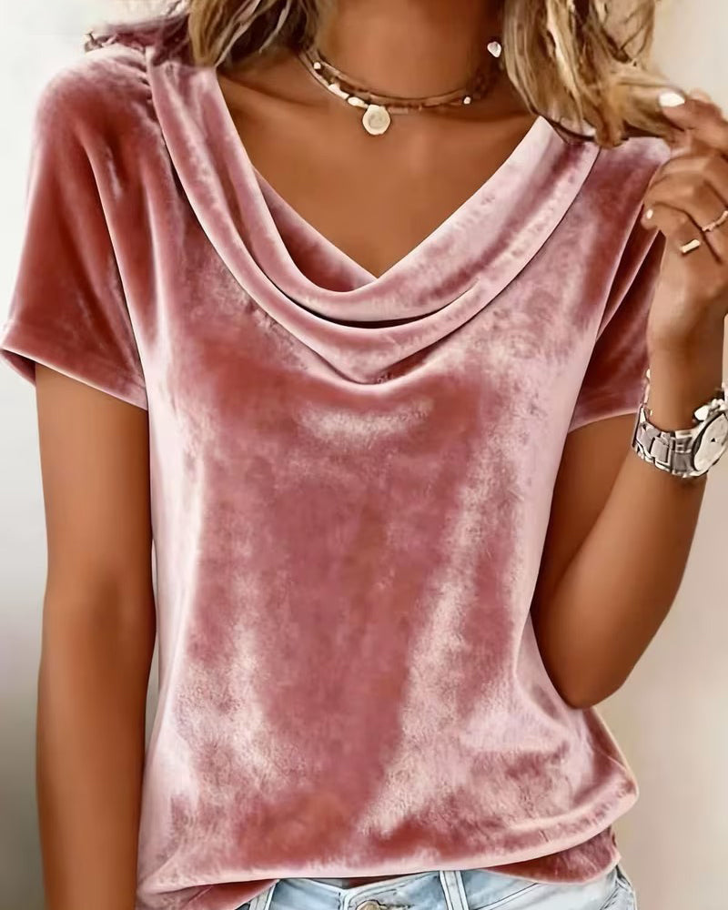 Draped Neck Short Sleeve Velvet T-shirt