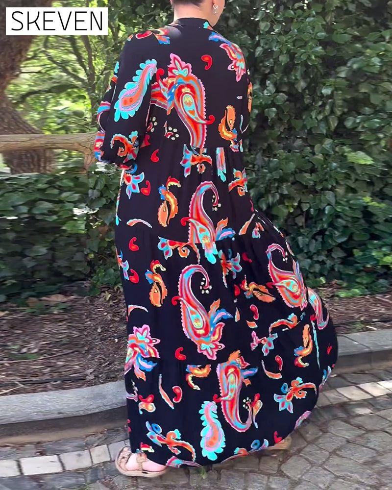 Vintage-Patchworkkleid mit Print und langen Ärmeln