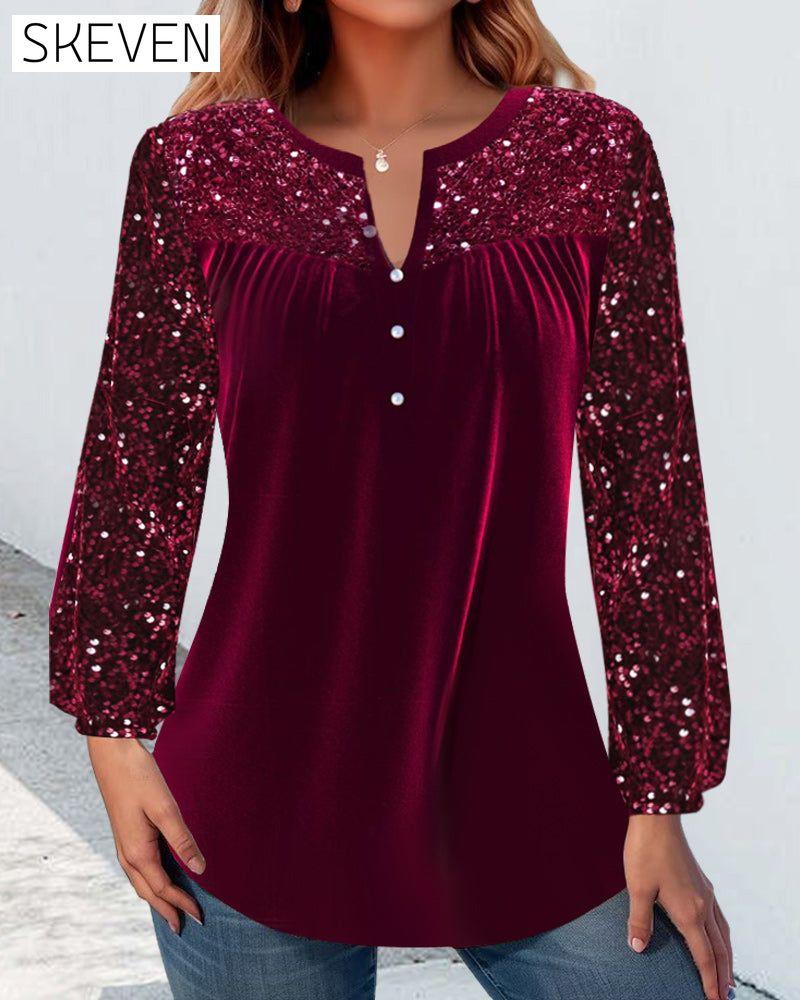 V-neck pleated sequined elegant top