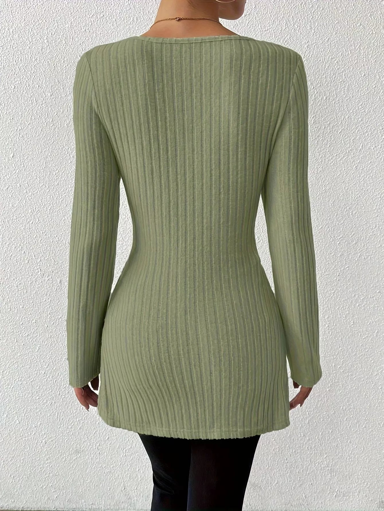 Ribbed Knit Long Sleeve Wrap T-Shirt with Side Slit