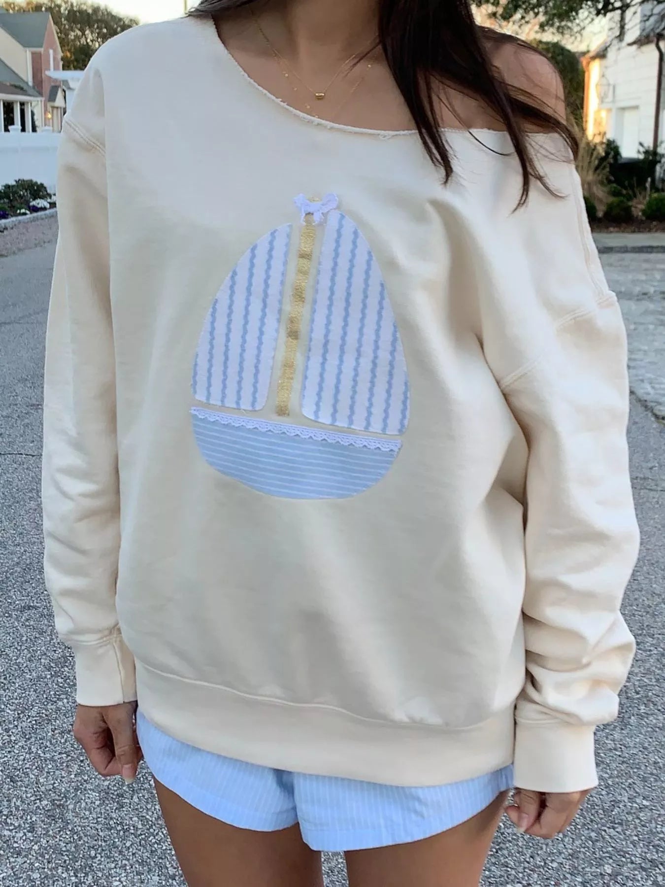 Boat Neck Long Sleeve Patchwork Sweatshirt